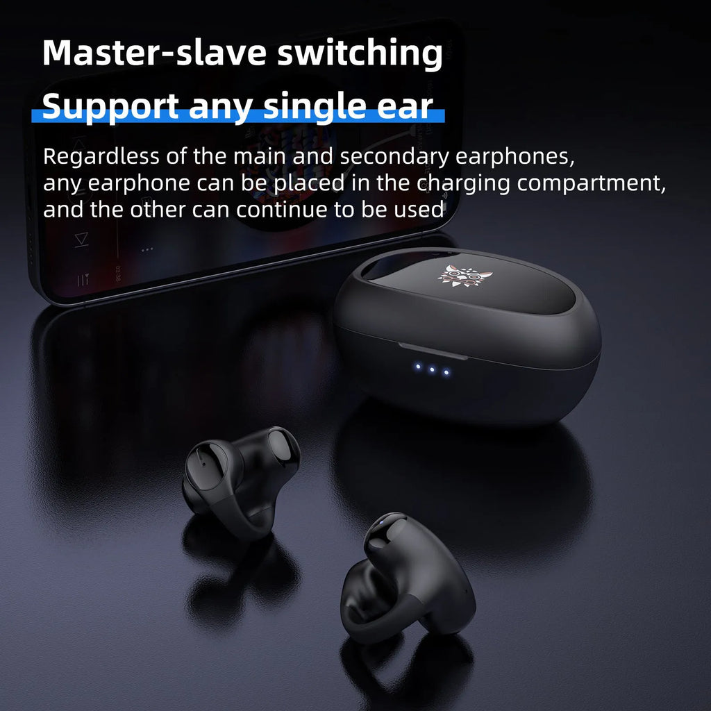 Black and white T306 Bluetooth wireless clip-on sports gaming earphones on ear hook.