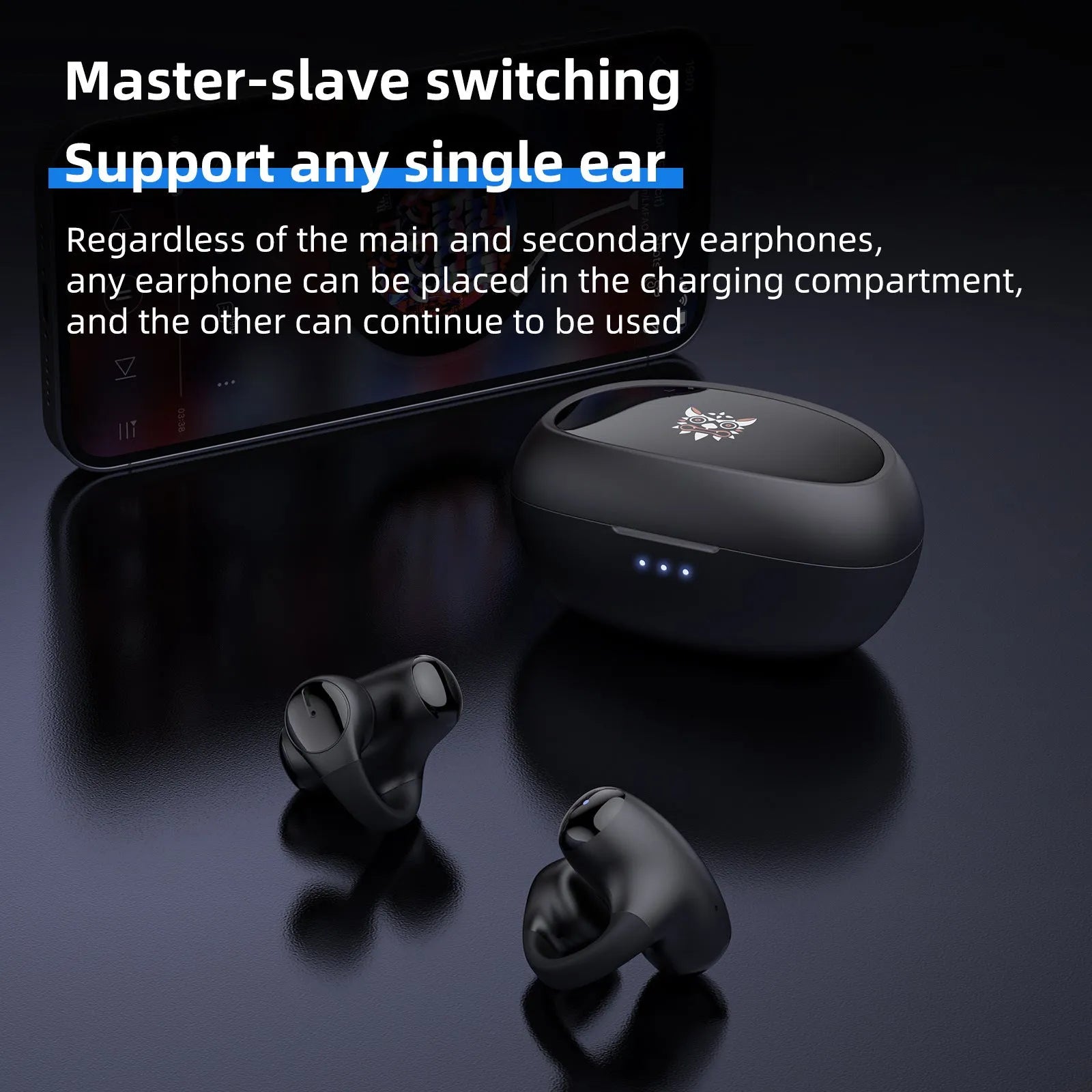 Black and white T306 Bluetooth wireless clip-on sports gaming earphones on ear hook.