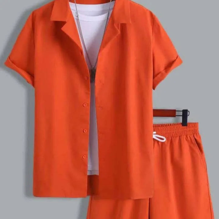 Men's white short sleeve Cuban collar sport shirt and matching shorts set on a hanger