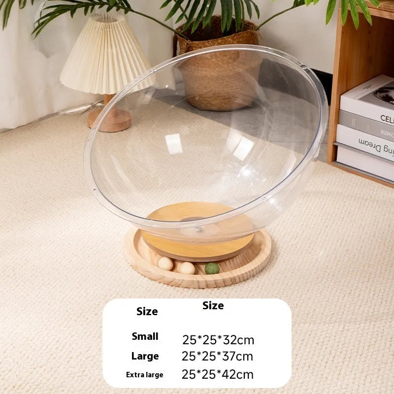 Transparent acrylic cat space capsule bed with turntable base in bathtub shape