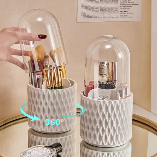 White rotating transparent acrylic makeup brush holder with dustproof lid on desktop