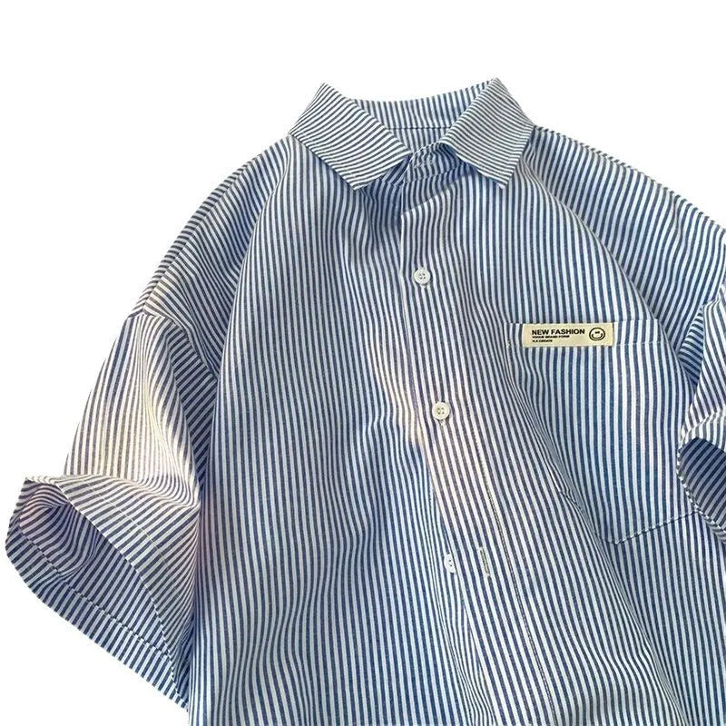 Blue and green striped loose fit plus size casual shirt with half sleeves