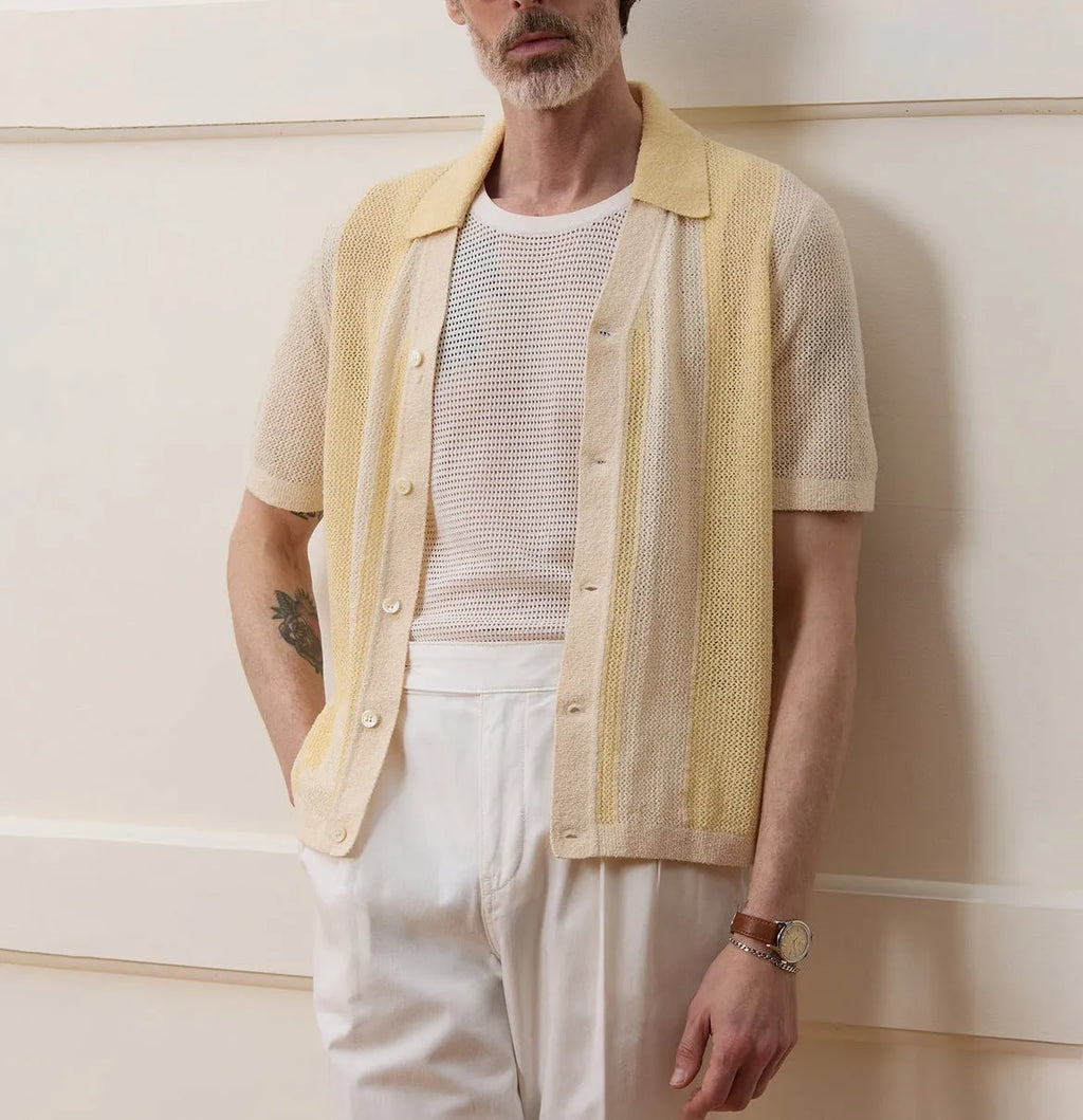 Yellow tencel polo shirt with asymmetric hollow-out design and short sleeves for summer casual wear