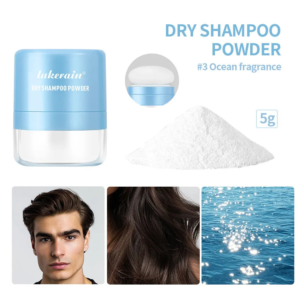 Hair dry cleaning powder kit with 5g content, applicator sponge, and headband mirror in blue packaging