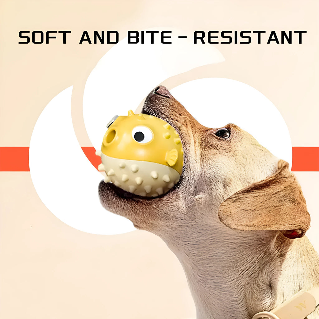 Yellow fish-shaped durable vinyl dog chew toy with textured surface for teeth cleaning.