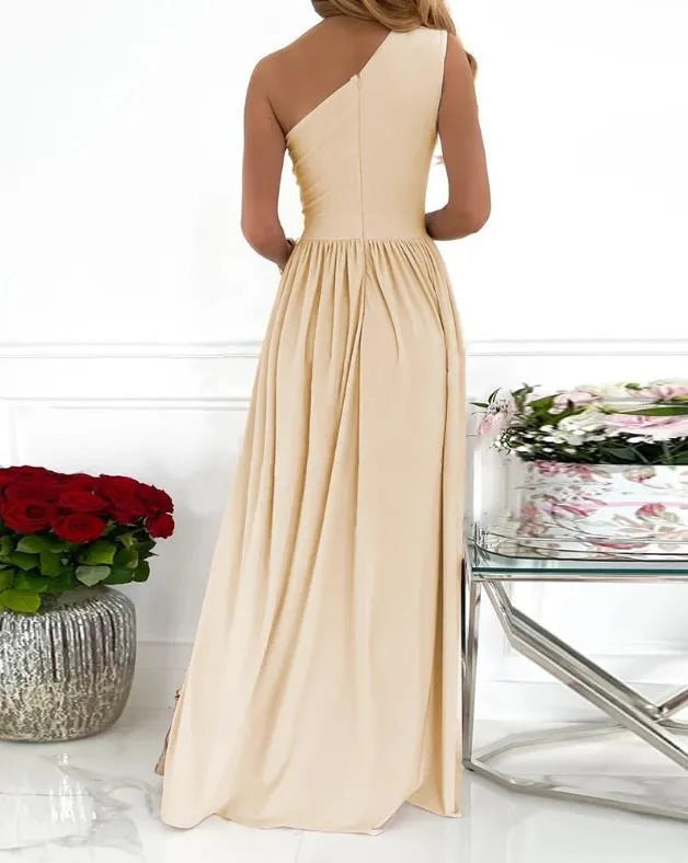 Women's one shoulder high split maxi dress in apricot with cutout detail and sleeveless design