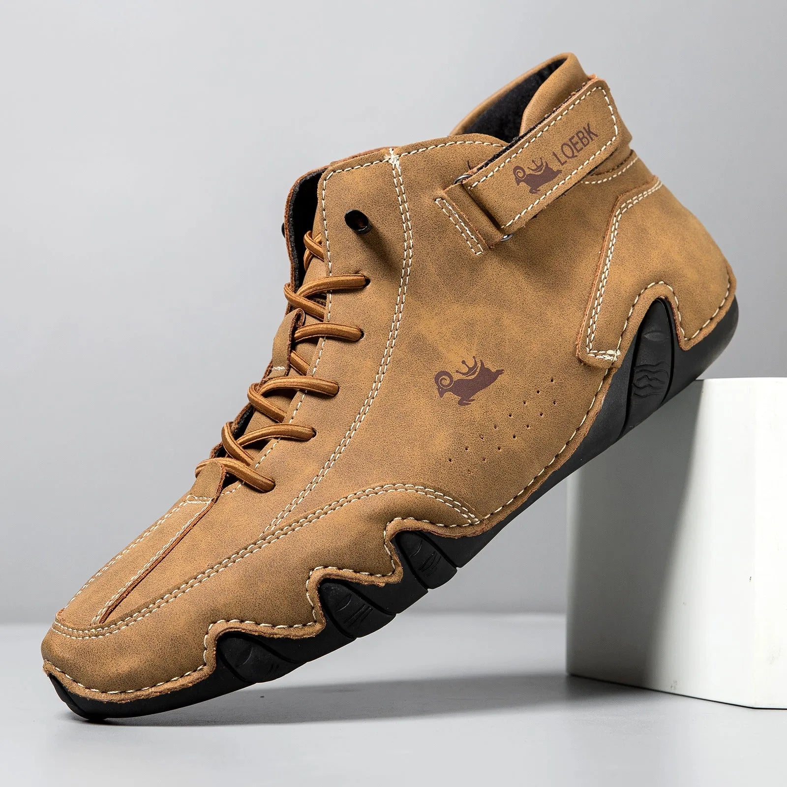 Men's brown octopus style Martin boots with high-top design and visible stitching details
