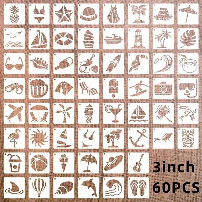 Milky white PET film craft stencils showing animal, floral, and mandala designs, each measuring 2 inches.