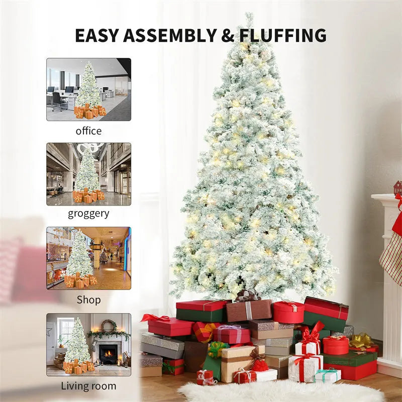 Artificial snow Christmas tree with green and white PVC branches on a metal stand