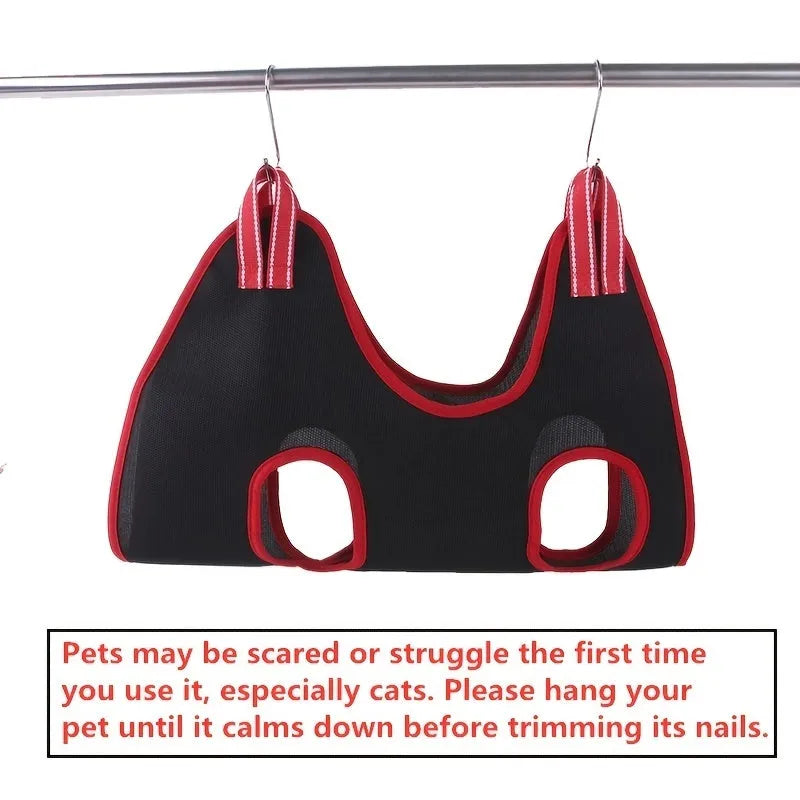 Pet grooming hammock hanging restraint bag set for dogs and cats in four sizes.