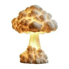 Mushroom cloud shaped modern art table lamp with USB power cable on a table.
