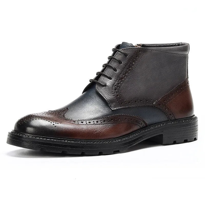 Men's curry blue leather brogue boots with colour-block design and carved detailing