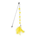 Colourful cat teaser toy rod with bell and pompon feather attachment on grey background