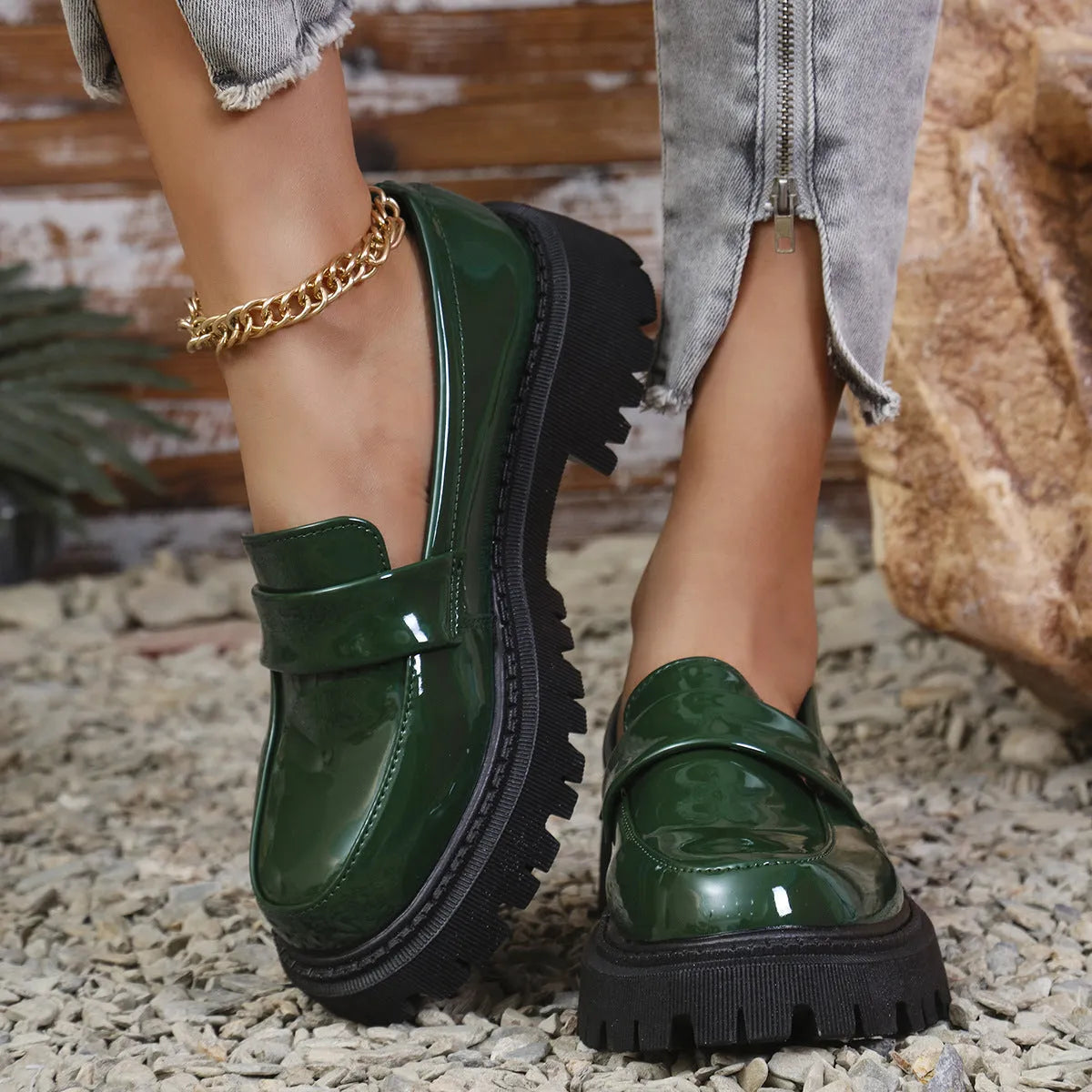 Plus size women's slip-on loafers with chunky platform heel in black, wine red, or green colours