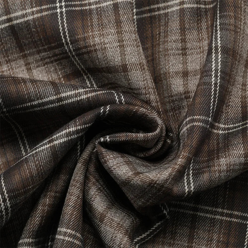 Men's black and brown plaid short sleeve shirt with embroidered letter on lapel