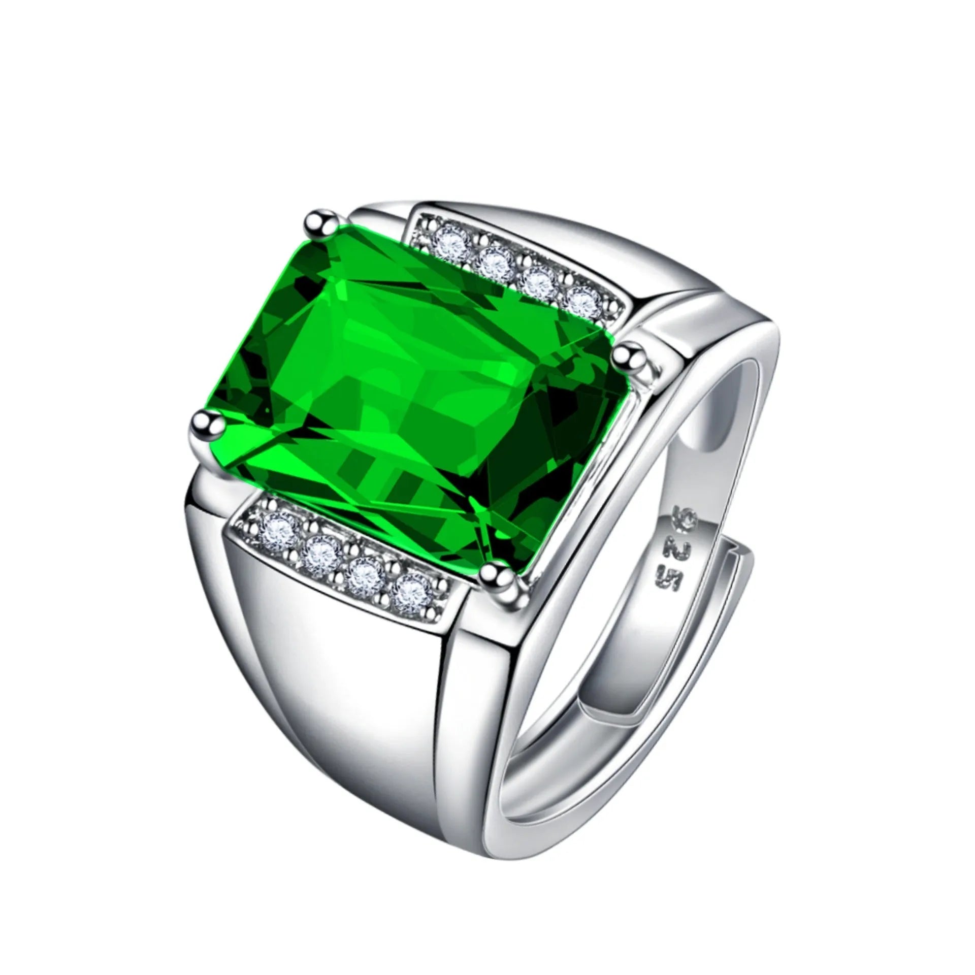 Adjustable open geometric ring with a coloured rhinestone stone on a copper band with plated finish.