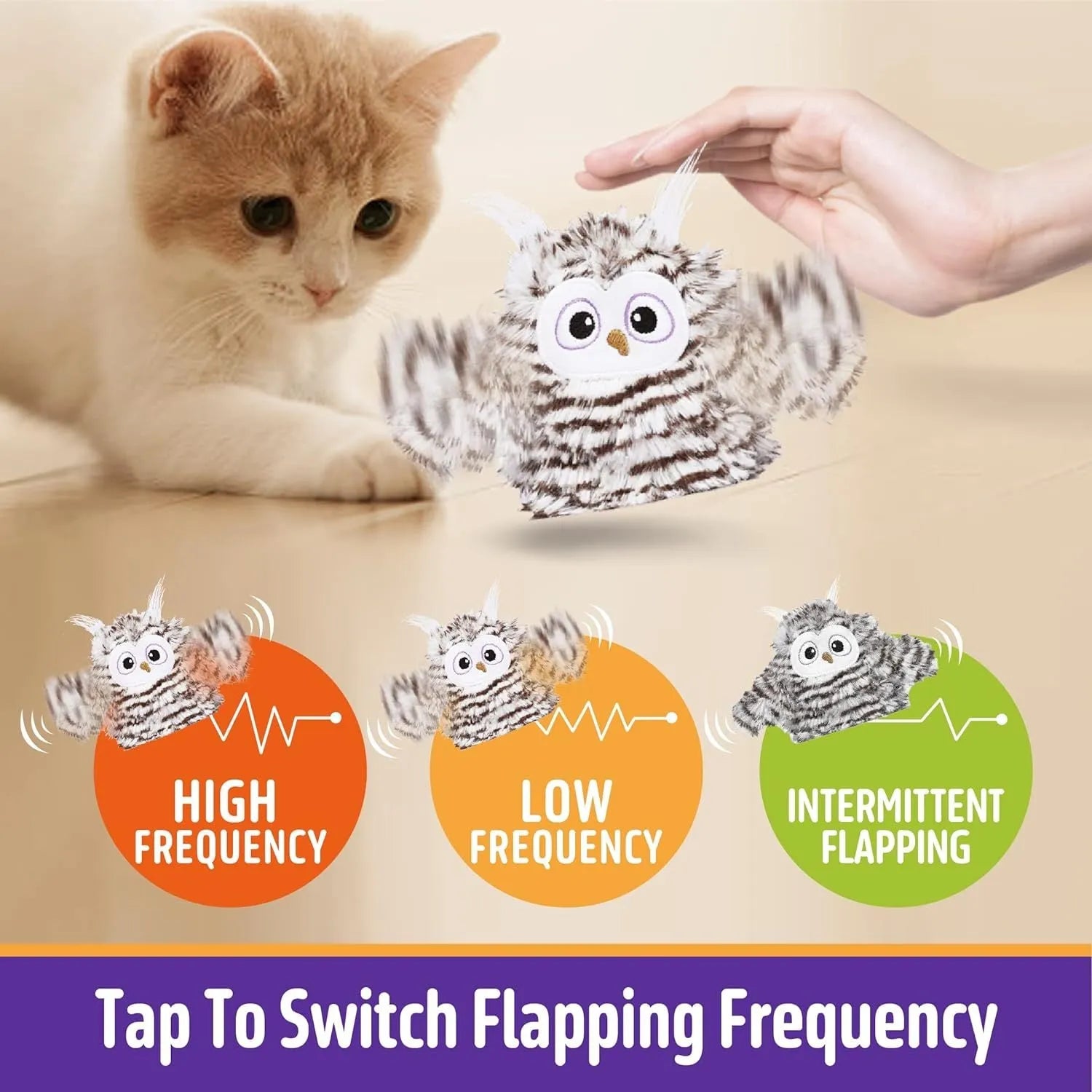 Grey rechargeable electronic owl cat toy with flapping wings on a floor.