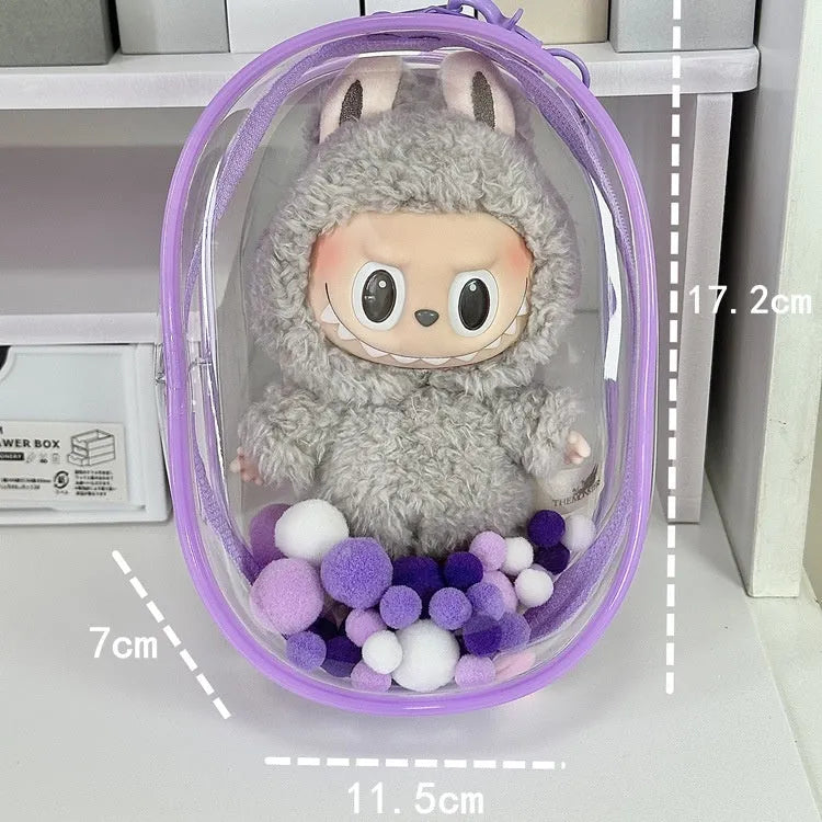Transparent PVC cartoon backpack storage bag for cotton dolls in cube design