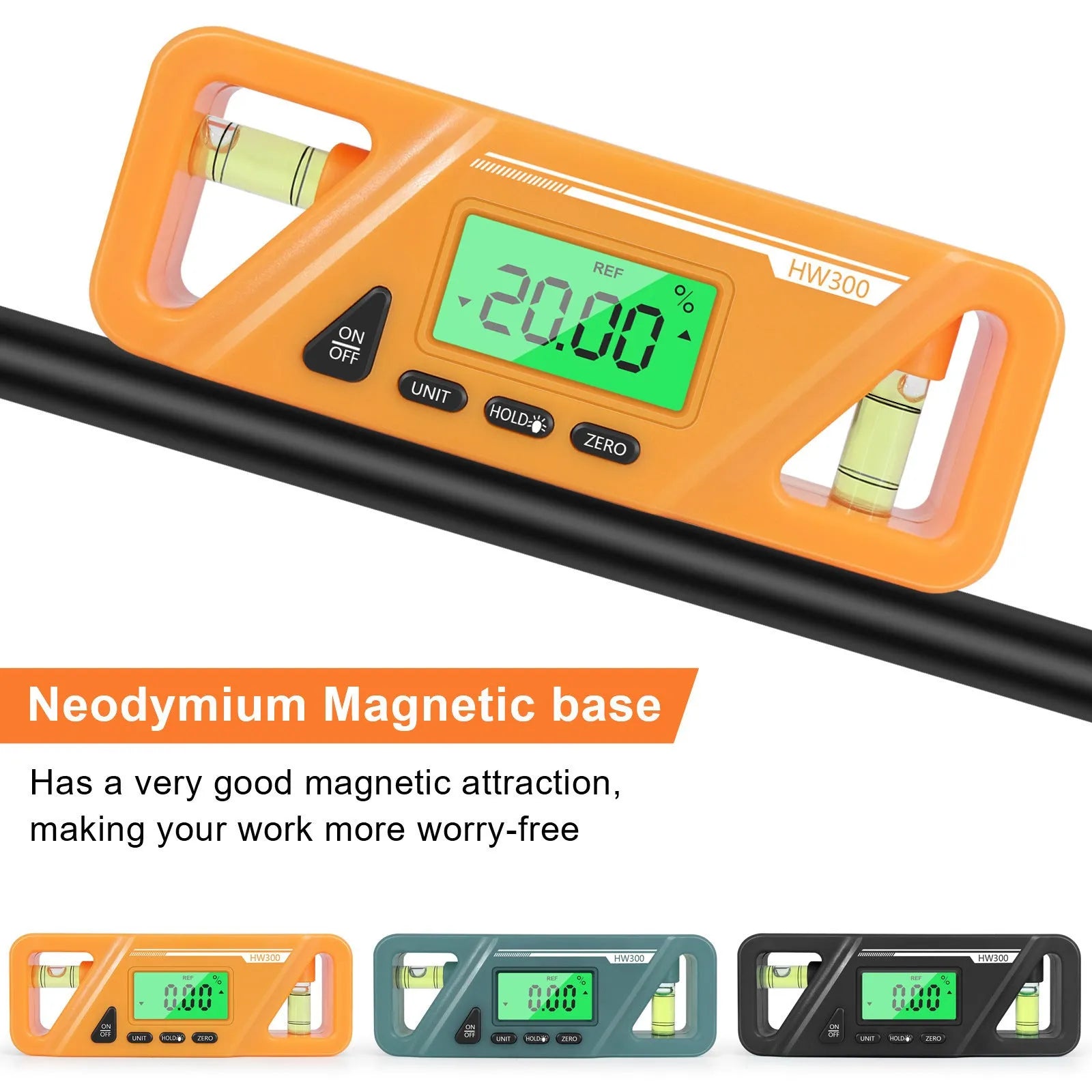 Black digital magnetic inclinometer showing angle display on a metal surface.