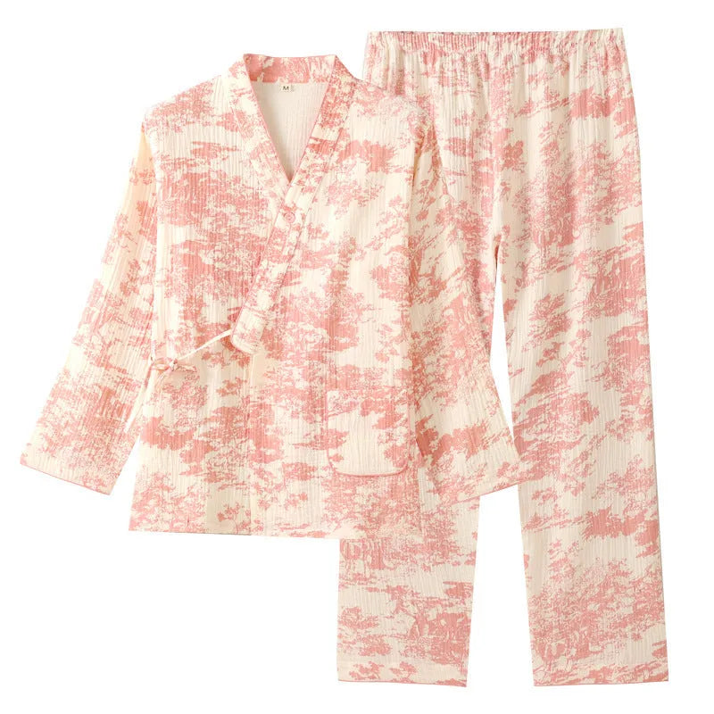 Ladies' blue cotton gauze long sleeve top and trousers suit set for homewear.