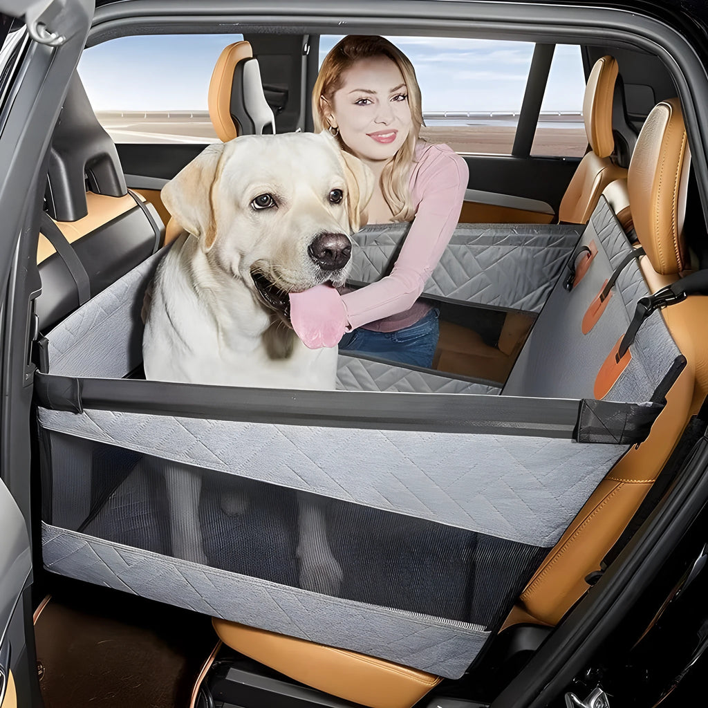 Grey raised cloth dog bed measuring 56cm square, suitable for medium-sized pets.