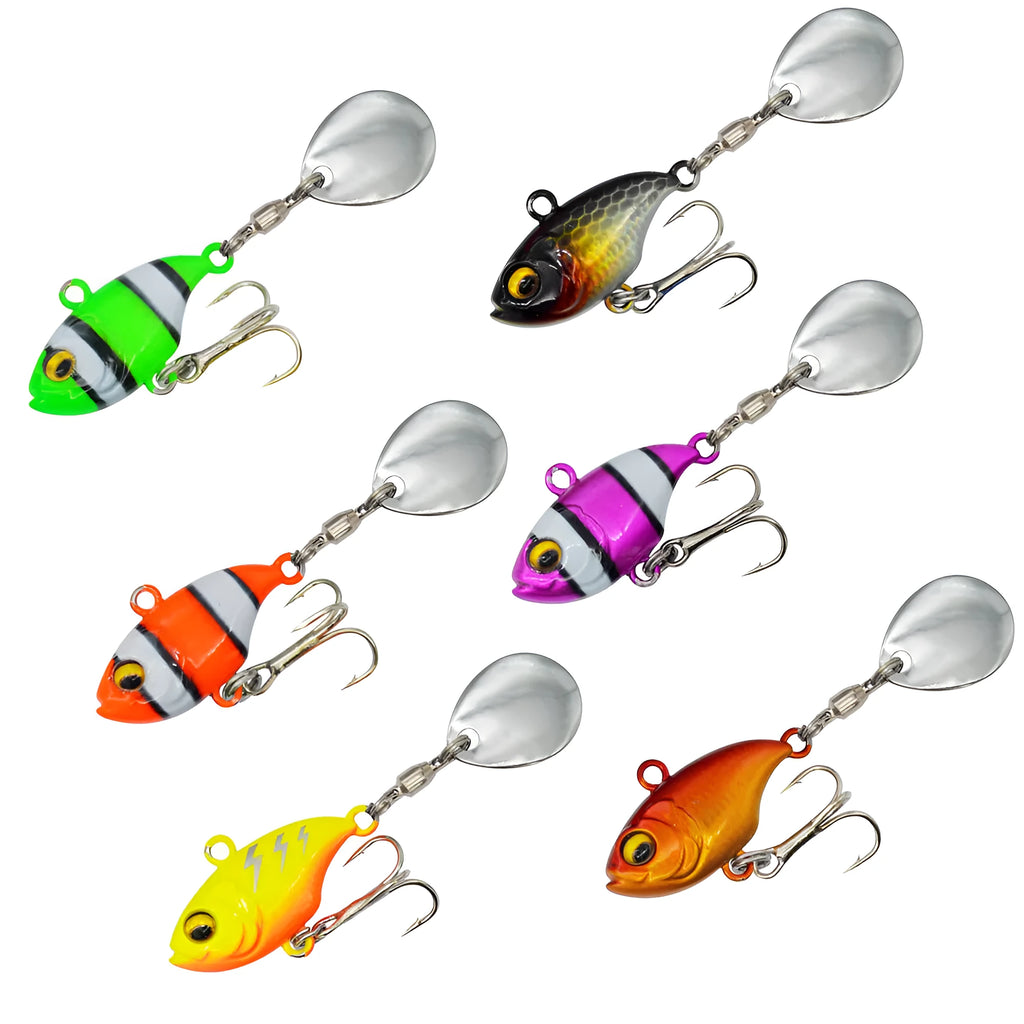 Metal iron plate fishing lure with rotating sequins in zebra stripe orange colour pattern.