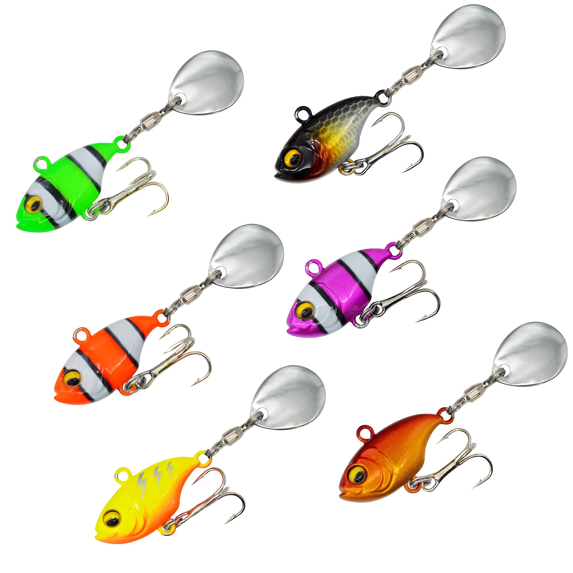 Metal iron plate fishing lure with rotating sequins in zebra stripe orange colour pattern.