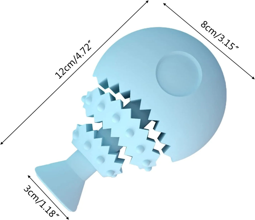Blue fish bone shaped silicone dog chew toy for teeth cleaning with treat hole