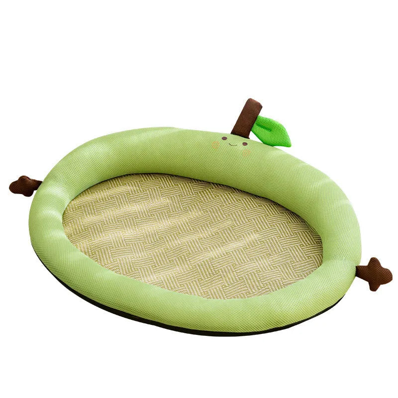 Green and yellow pet cooling mat with nest design backrest showing four size options for dogs and cats
