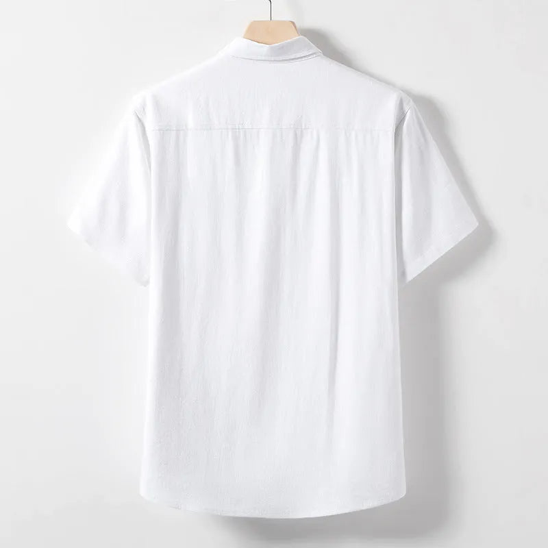 Men's linen blend T-shirt with loose lapel neckline and short sleeves in solid colour