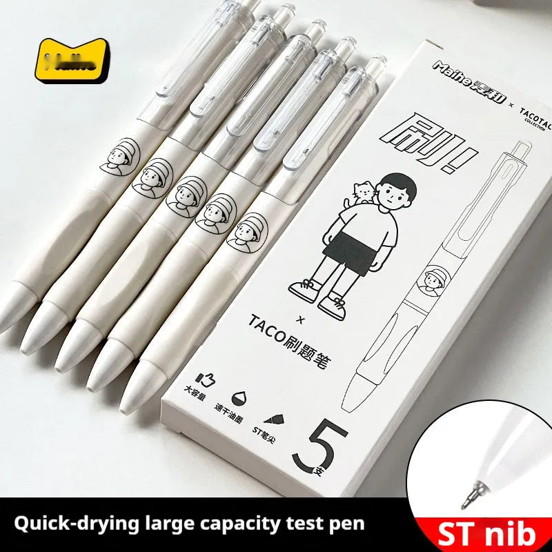 Five white ballpoint pens with black ink and 0.5mm tips arranged together.