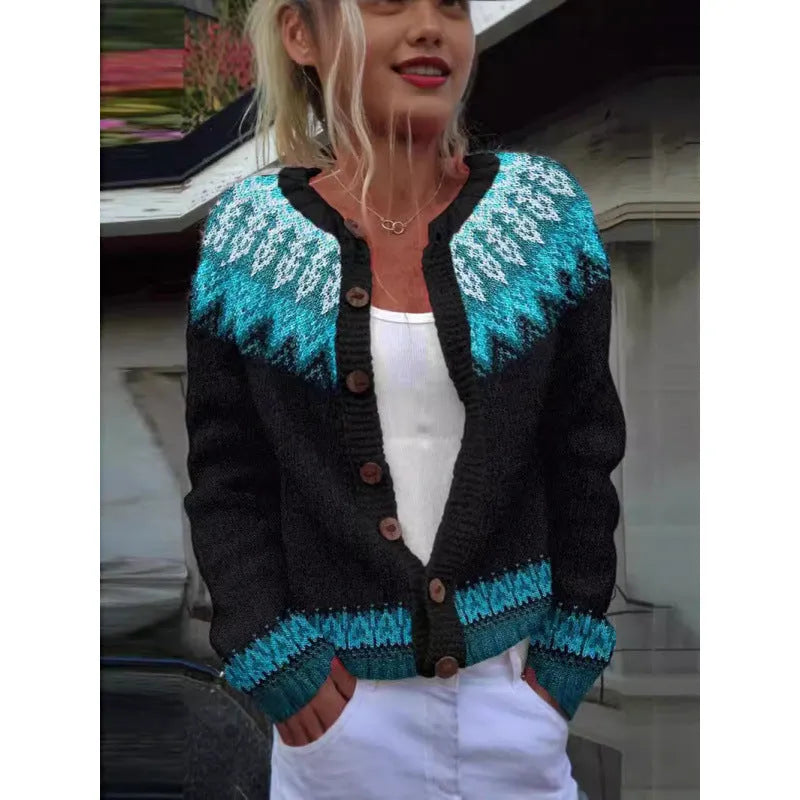 Yellow digital printing cardigan knitted coat with 3D stereo pattern design