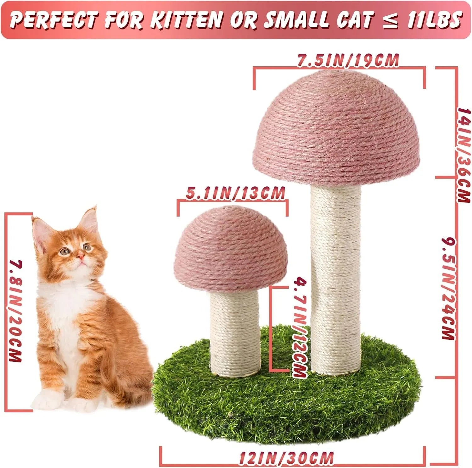 Pink mushroom-shaped cat scratching post with natural sisal caps on a sturdy base for small cats.