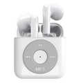 White wireless Bluetooth earphones with a semi in-ear design and a charging case on a white background.