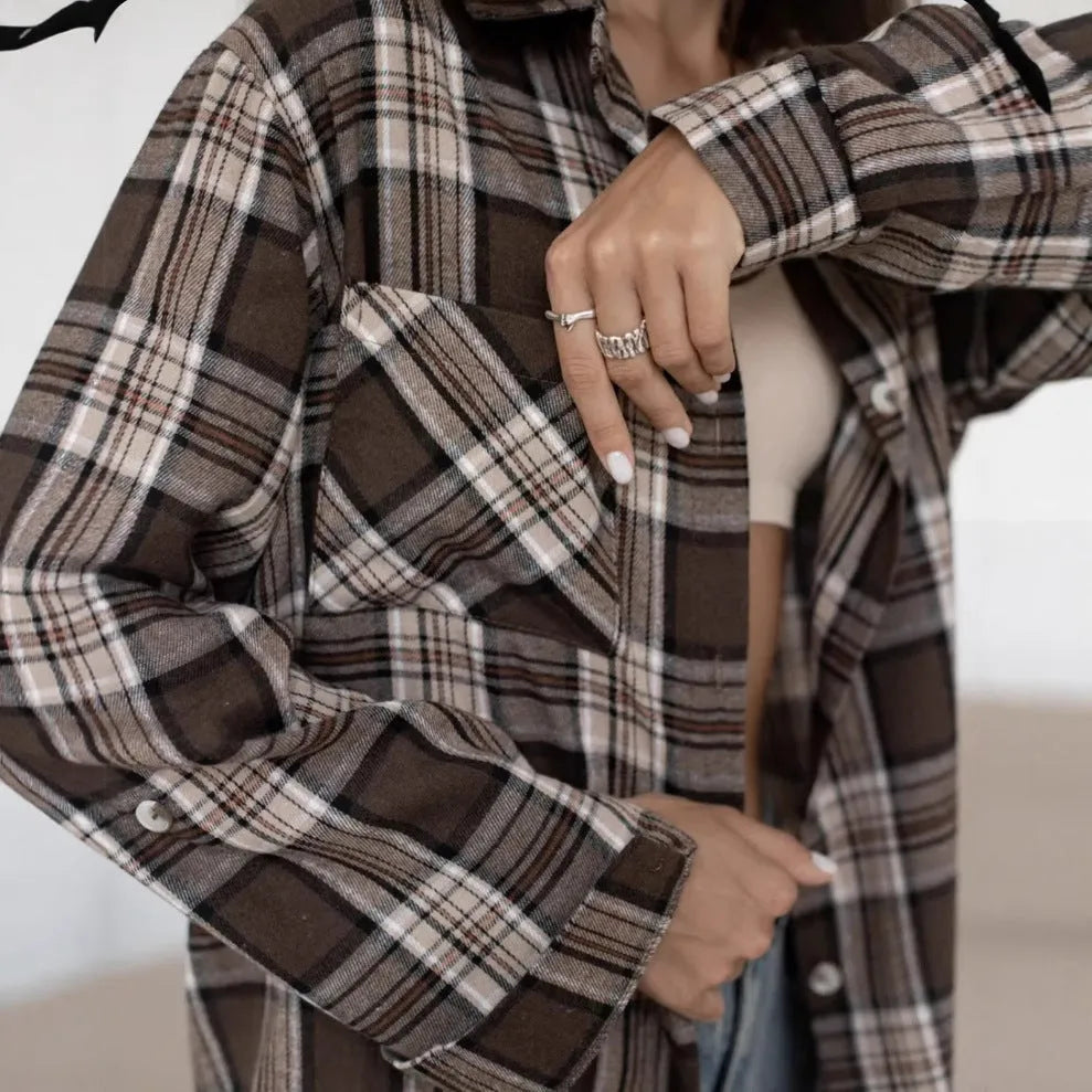 Dark brown striped women's retro style cotton shirt with long sleeves