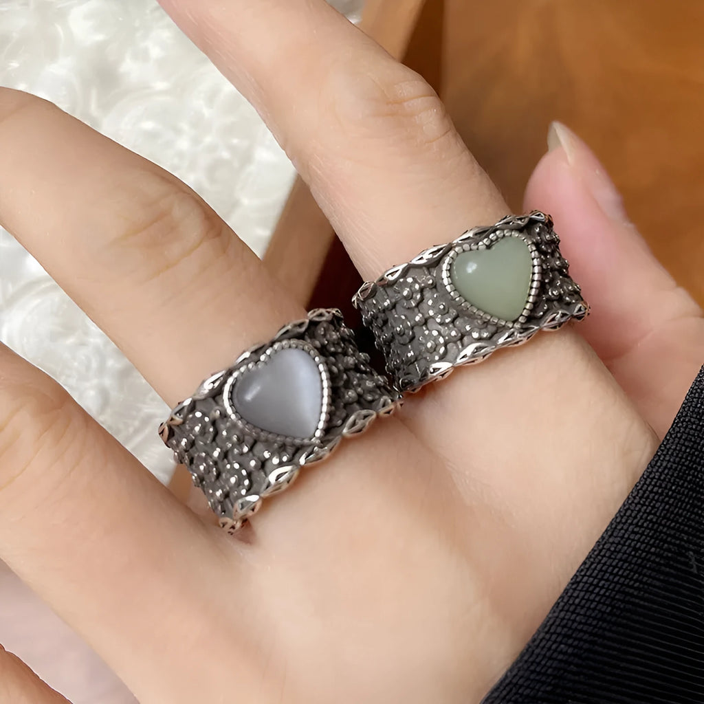 Retro wide-faced adjustable heart ring in white copper plated silver with love design elements