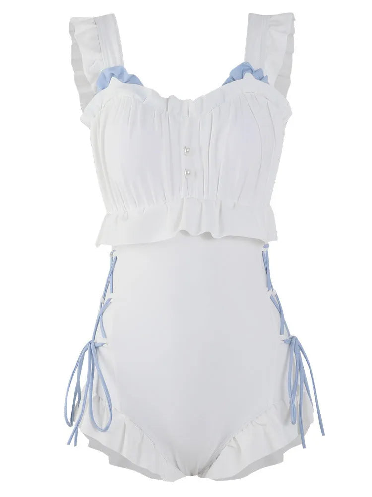 Women's Milky White backless one-piece nylon swimsuit laid flat.