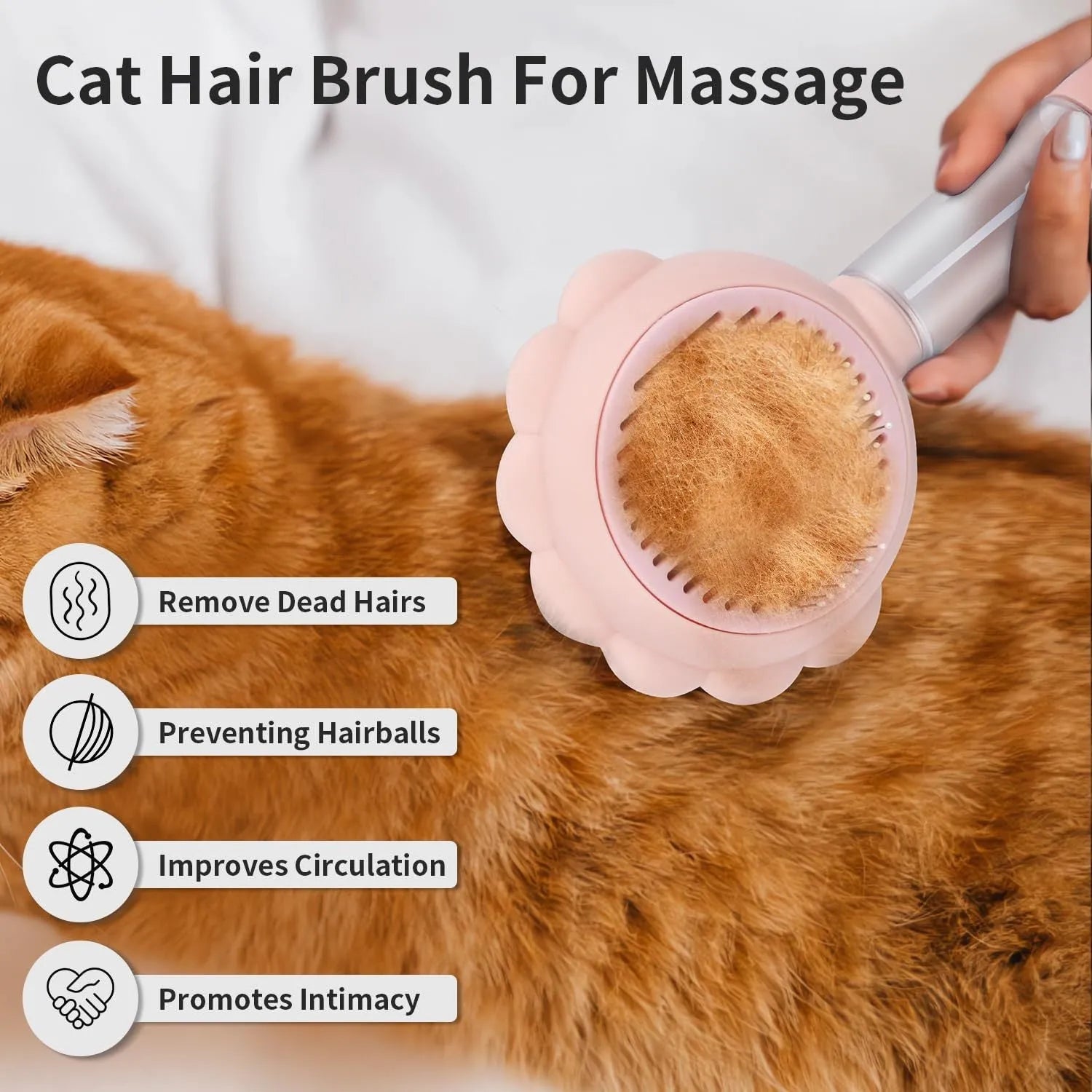 Grey pet grooming brush with self-cleaning button and water spray function on a white background