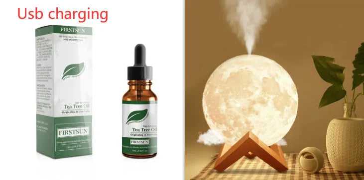 Wood coloured spherical Lunar humidifier night light on a bedside table emitting mist and soft white light.