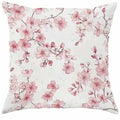 Square short velvet cushion cover with pink cherry blossom and letter print, 45cm.