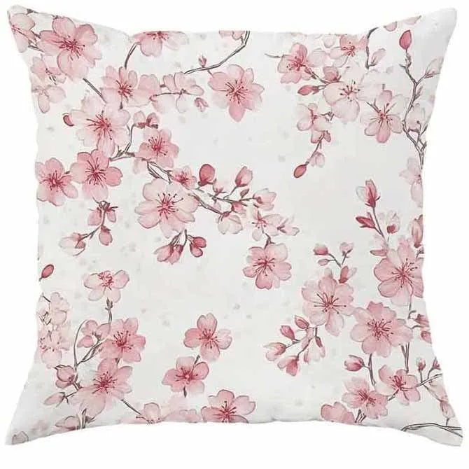 Square short velvet cushion cover with pink cherry blossom and letter print, 45cm.