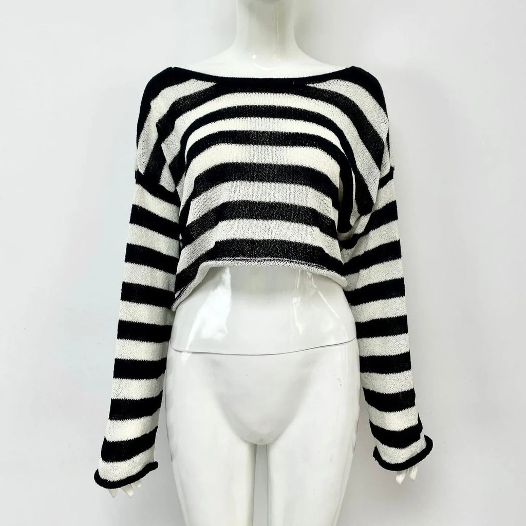 Striped long-sleeved sweater showing front and back wearable design with exposed navel detail