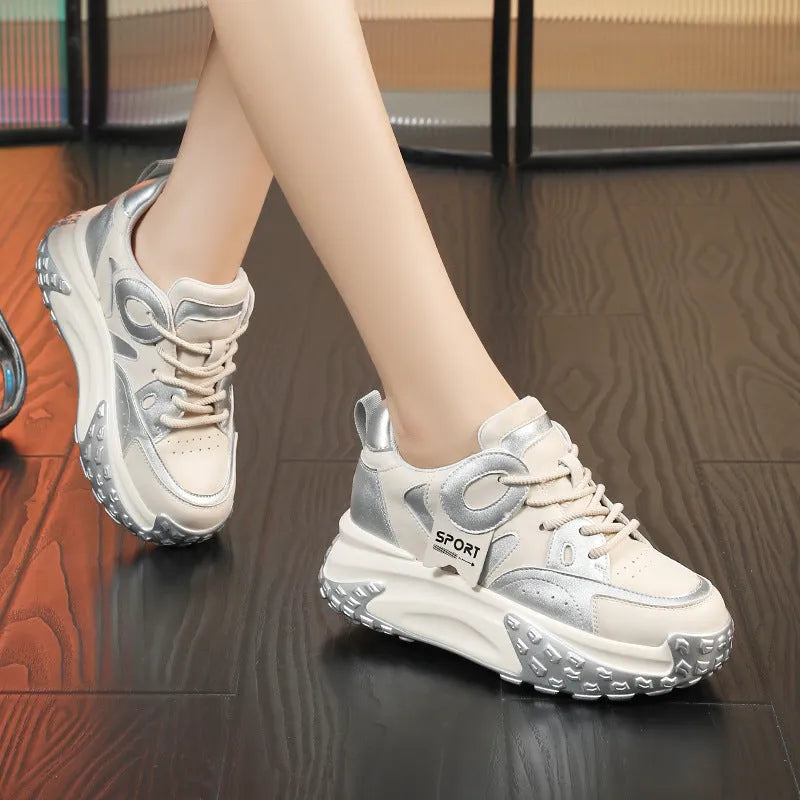 Leather sports casual shoes with wedge heel and thick soles in black and white colour
