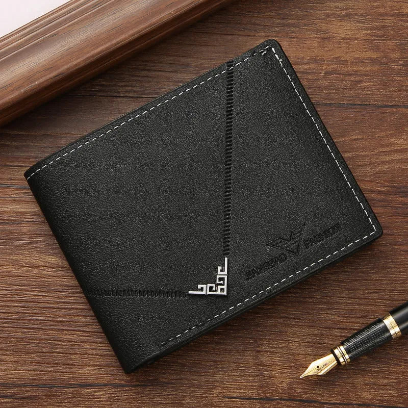Men's PU leather multi-card-slot short wallet with lychee pattern in black
