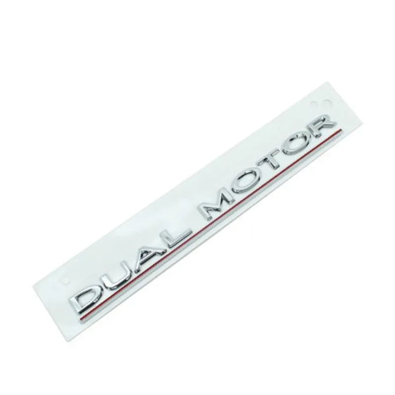 Tesla Model 3 double motor performance bumper sticker in ABS plastic, 19cm by 3cm, showing colour options.