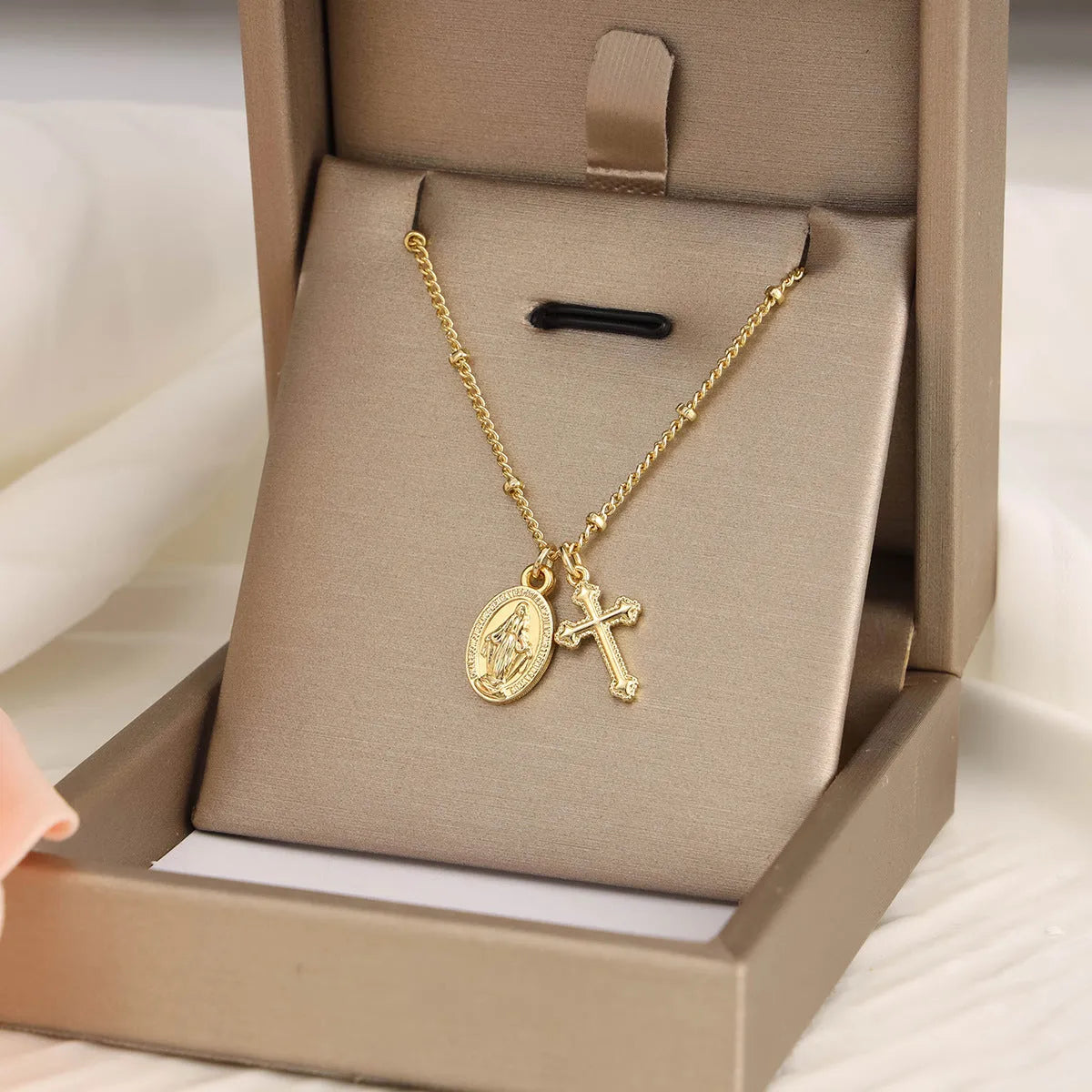 Gold ornament cross Virgin Mary necklace with simple geometric pendant design for women