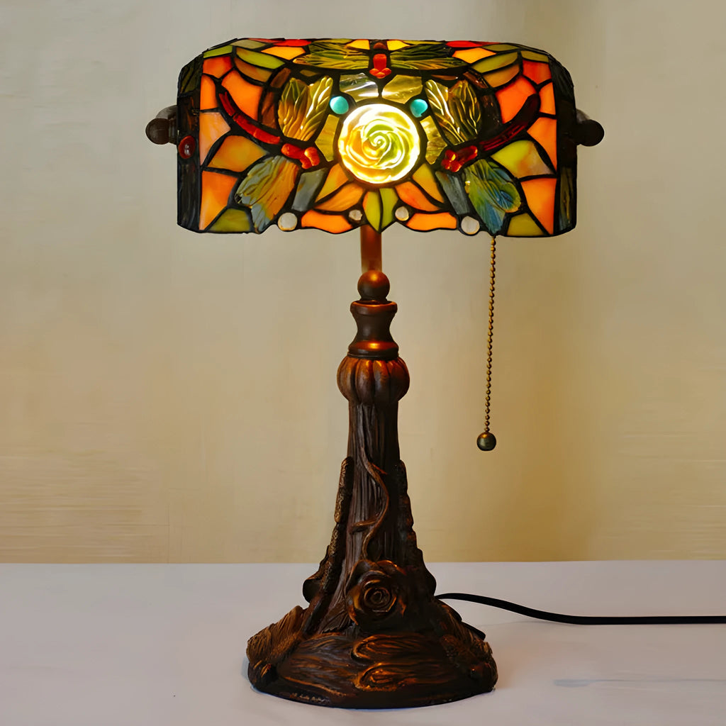 10-inch Tiffany stained glass table lamp with coloured shade on resin base for desk lighting