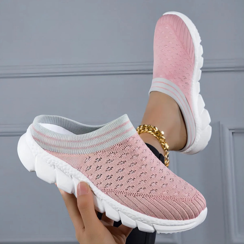 Women's Flyknit semi-slipper casual shoes in striped pattern with hollowed-out details, shown in black, pink, and purple.