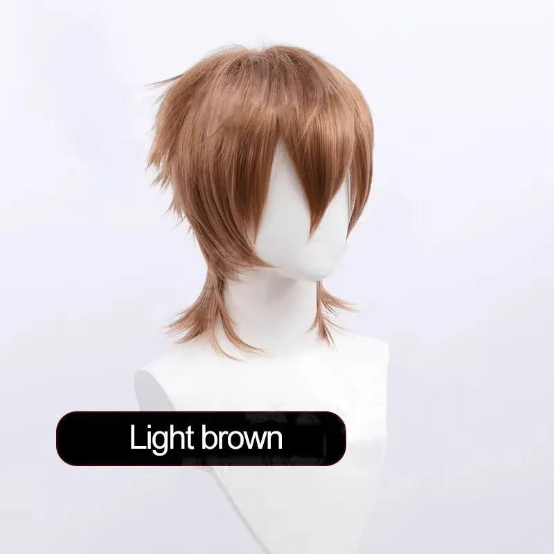 Men's short cosplay wig with lengthened hair tail in anime style