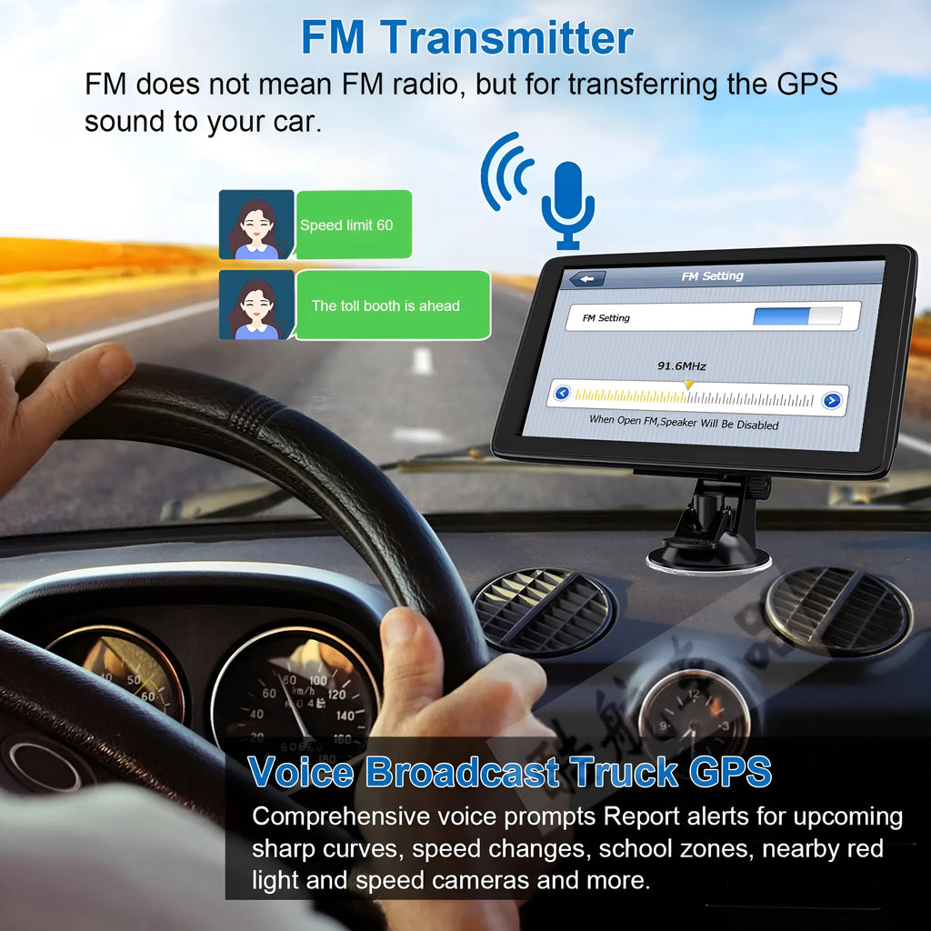 Portable 7 inch car GPS navigation device with touch screen on dashboard bracket